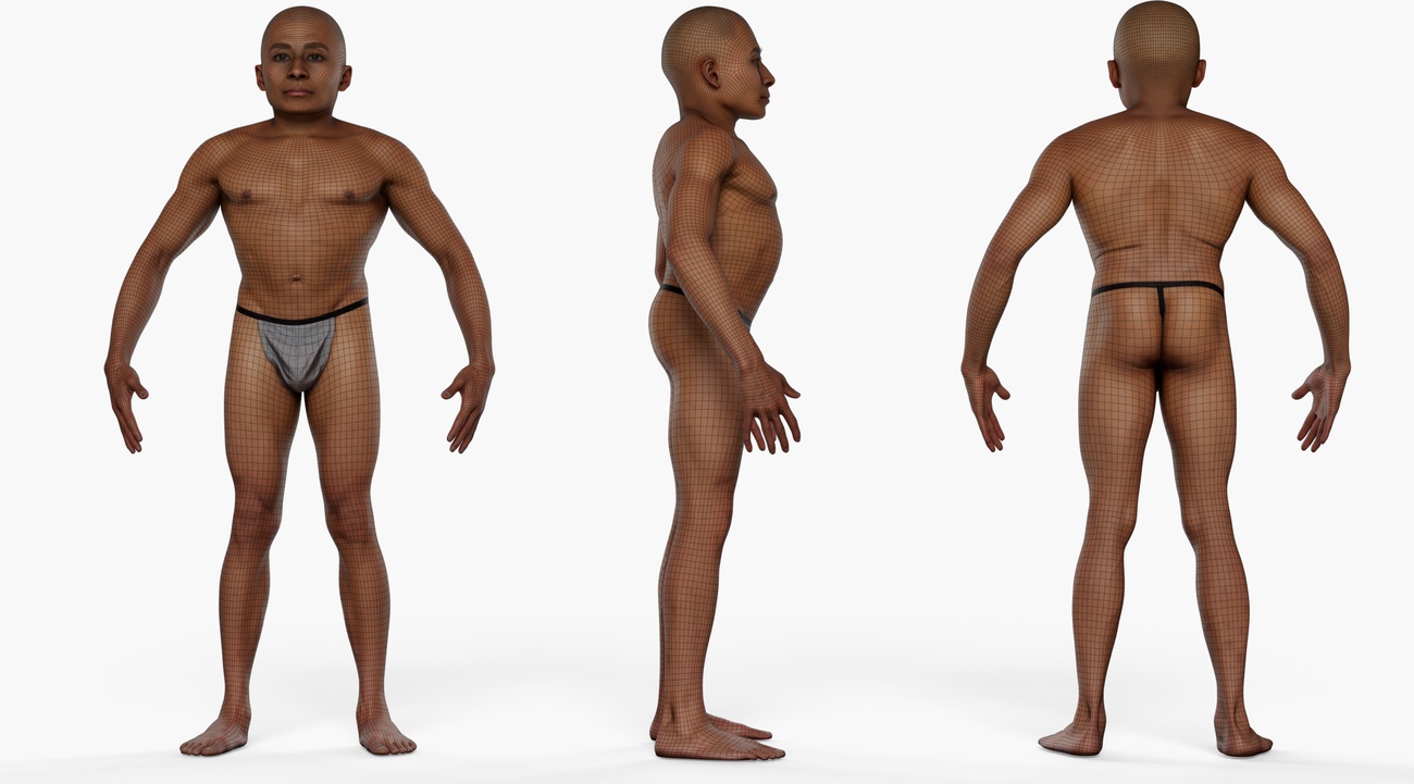 Wireframe topology overlay on a retopologised male 3D body scan showing clean quad mesh edge loops
